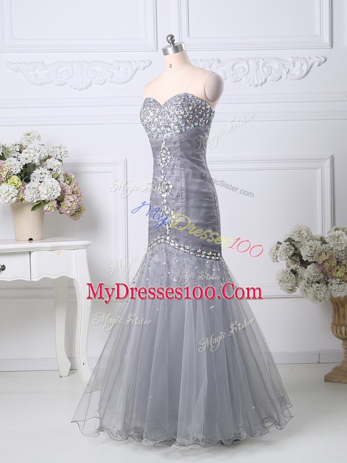 Floor Length Grey Prom Dress Tulle Sleeveless Beading and Ruching