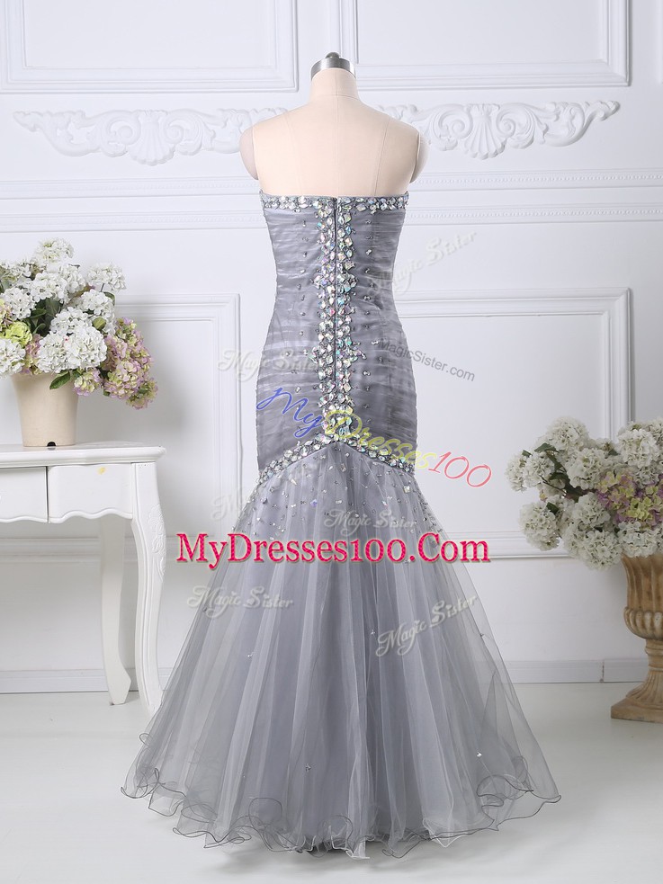 Floor Length Grey Prom Dress Tulle Sleeveless Beading and Ruching