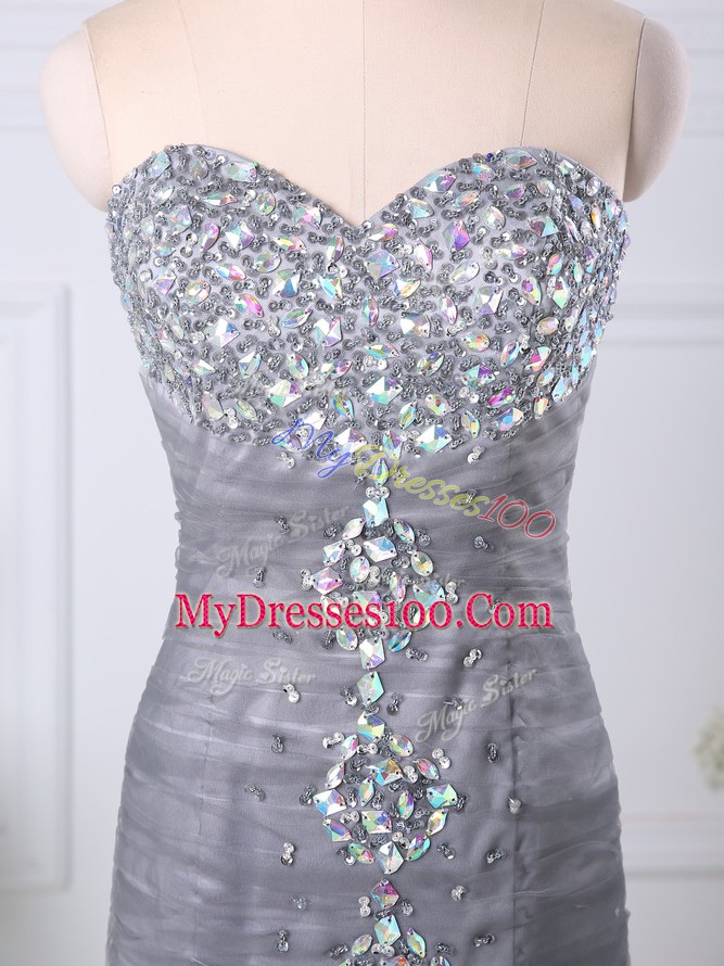Floor Length Grey Prom Dress Tulle Sleeveless Beading and Ruching