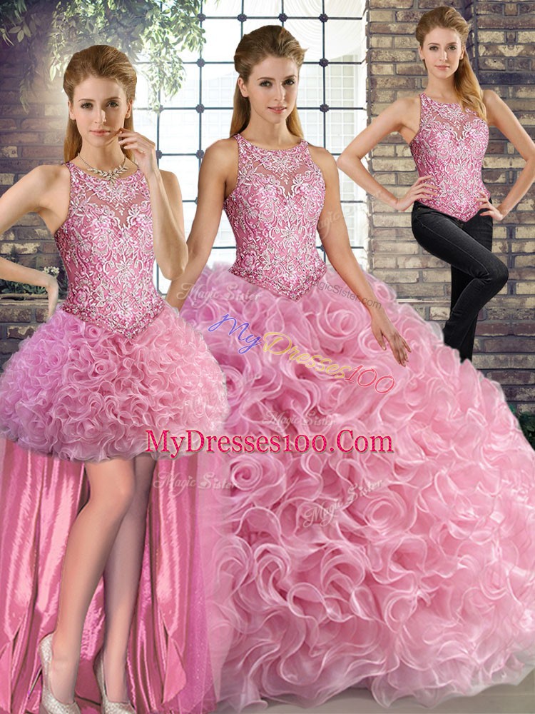 Luxurious Rose Pink Scoop Neckline Beading Quinceanera Dresses Sleeveless Lace Up