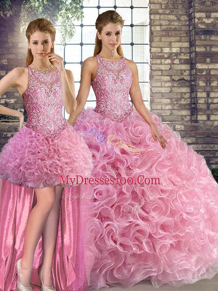 Luxurious Rose Pink Scoop Neckline Beading Quinceanera Dresses Sleeveless Lace Up