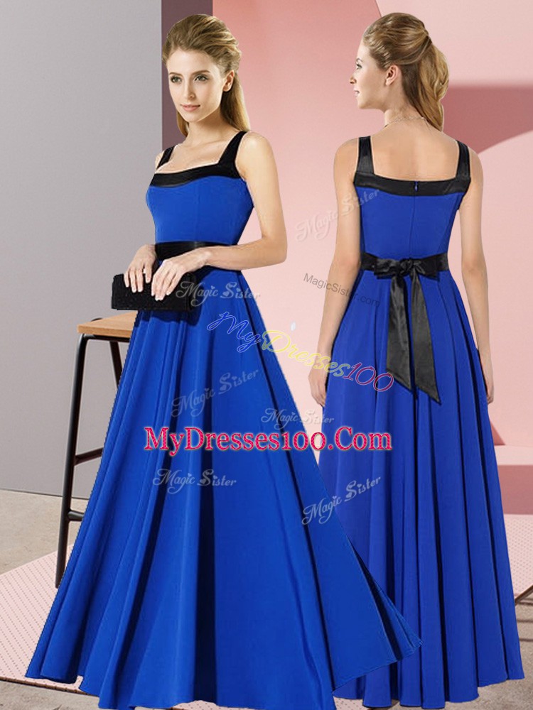 Royal Blue Empire Chiffon Square Sleeveless Belt Floor Length Zipper Quinceanera Court Dresses