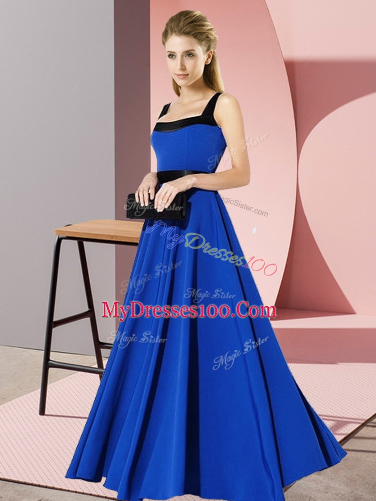 Royal Blue Empire Chiffon Square Sleeveless Belt Floor Length Zipper Quinceanera Court Dresses