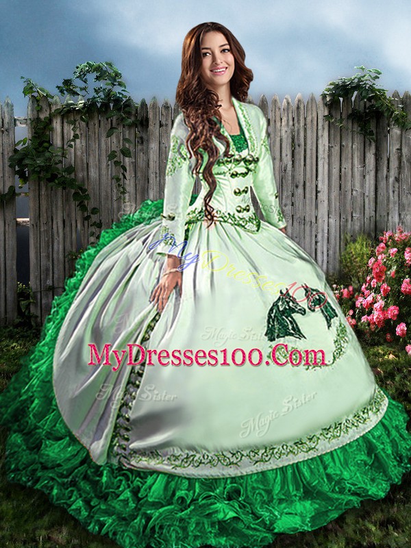 Excellent Green Ball Gowns Satin Sweetheart Sleeveless Embroidery and Ruffles Floor Length Lace Up Quince Ball Gowns