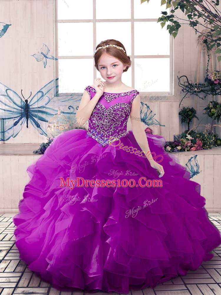 Purple Ball Gowns Organza Scoop Sleeveless Beading and Ruffles Floor Length Zipper Little Girl Pageant Gowns