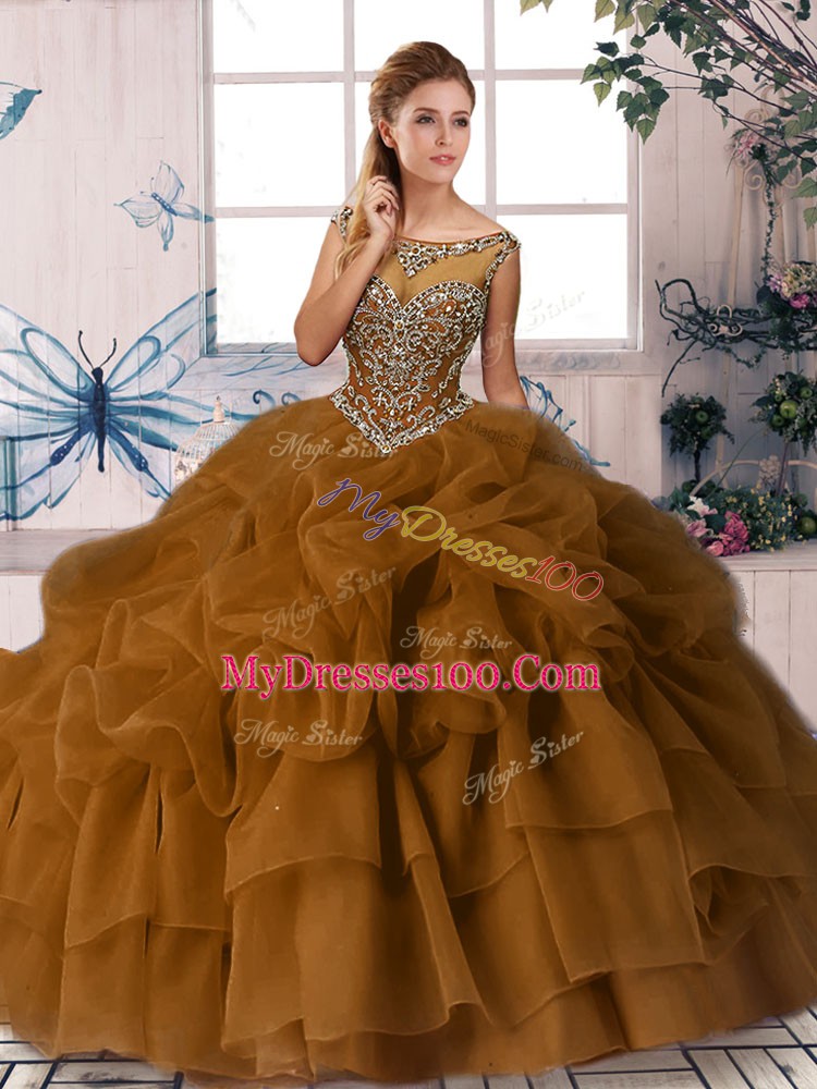 Sexy Sleeveless Brush Train Beading and Pick Ups Zipper Quinceanera Dresses