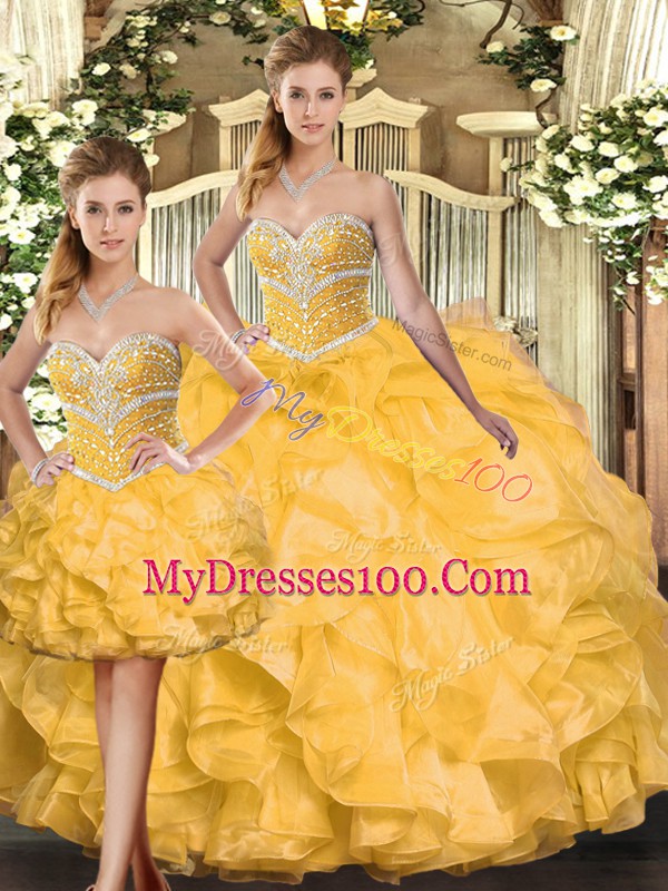 Glittering Sleeveless Lace Up Floor Length Beading and Ruffles Quinceanera Gown