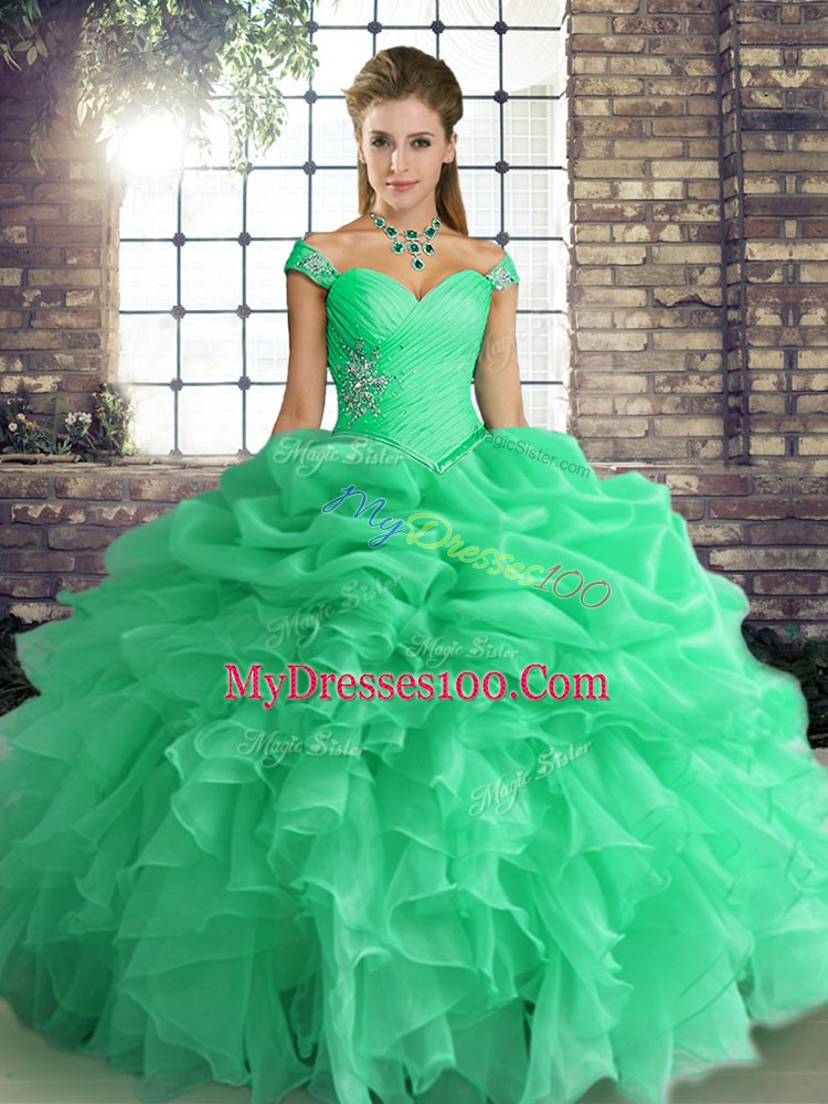 Best Turquoise Organza Lace Up Off The Shoulder Sleeveless Floor Length Quinceanera Dresses Beading and Ruffles and Pick Ups