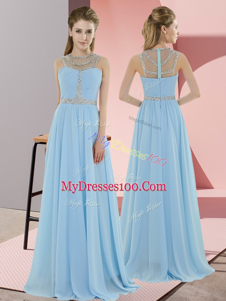 Fashionable Floor Length Light Blue Prom Evening Gown Chiffon Sleeveless Beading