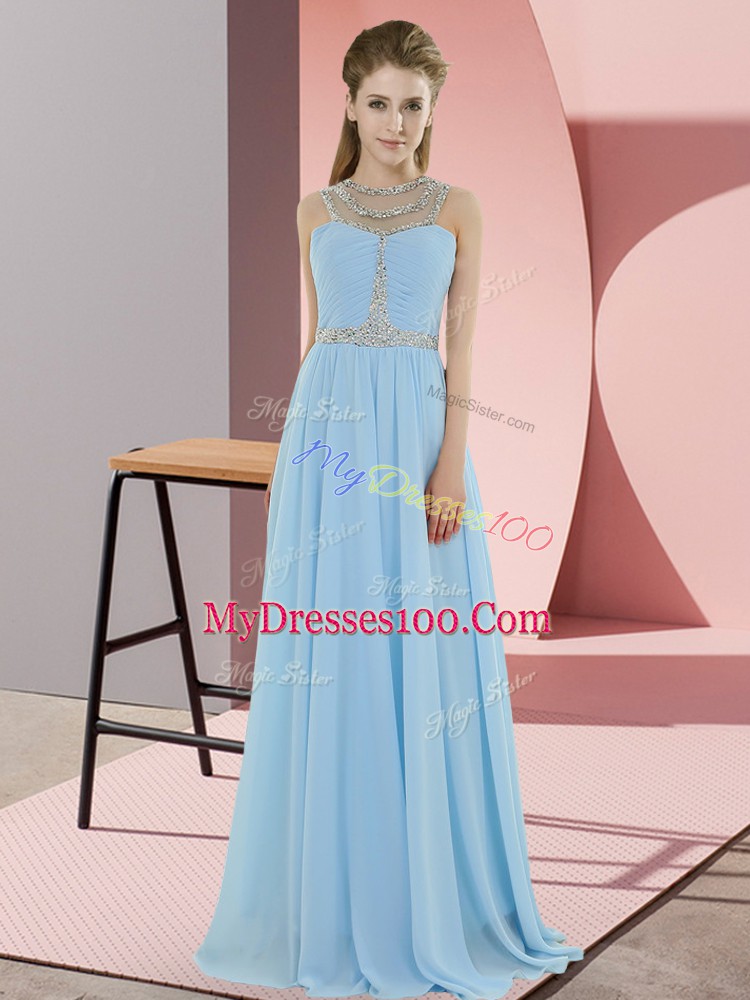 Fashionable Floor Length Light Blue Prom Evening Gown Chiffon Sleeveless Beading