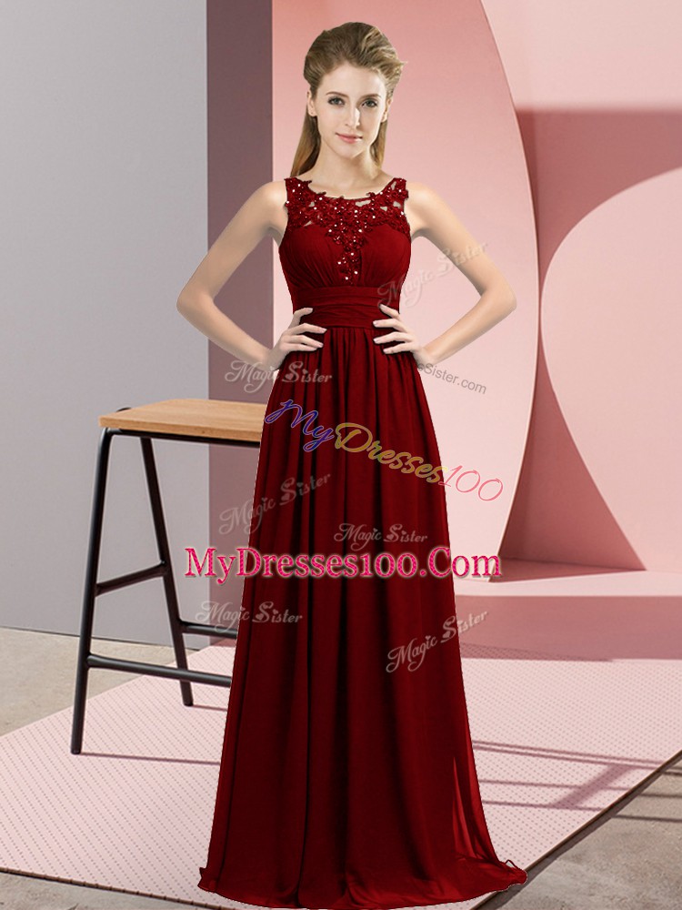 Chiffon Scoop Sleeveless Zipper Beading and Appliques Wedding Party Dress in Burgundy