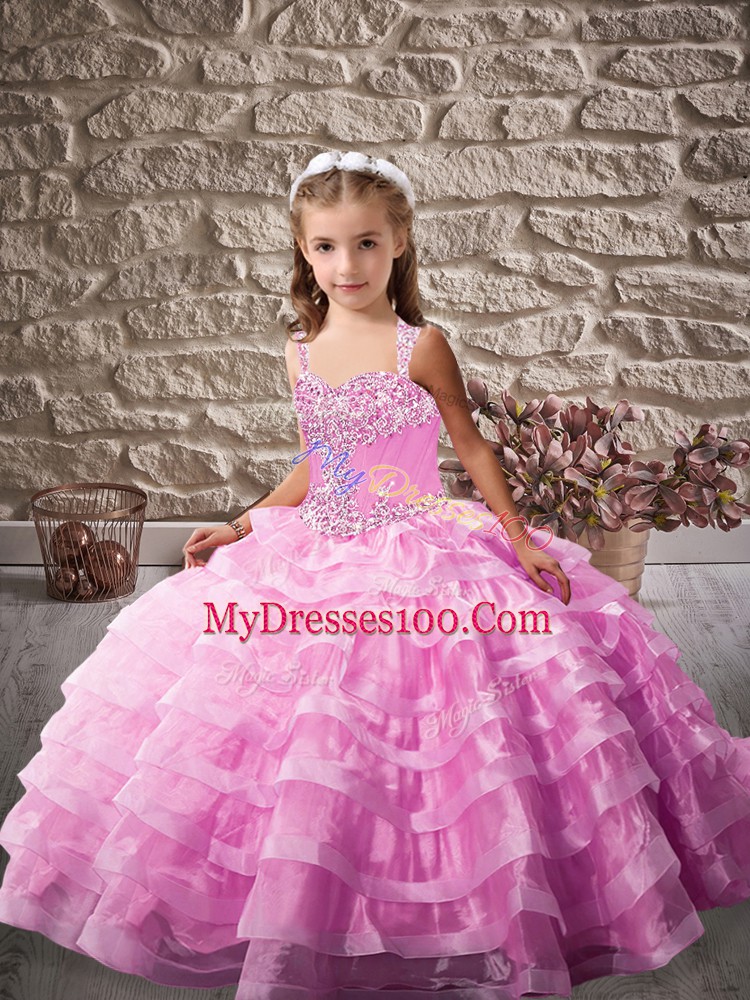 Lilac Ball Gowns Straps Sleeveless Organza Brush Train Lace Up Beading and Ruffled Layers Pageant Gowns For Girls