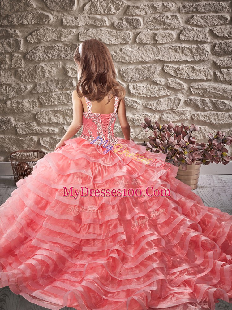 Lilac Ball Gowns Straps Sleeveless Organza Brush Train Lace Up Beading and Ruffled Layers Pageant Gowns For Girls