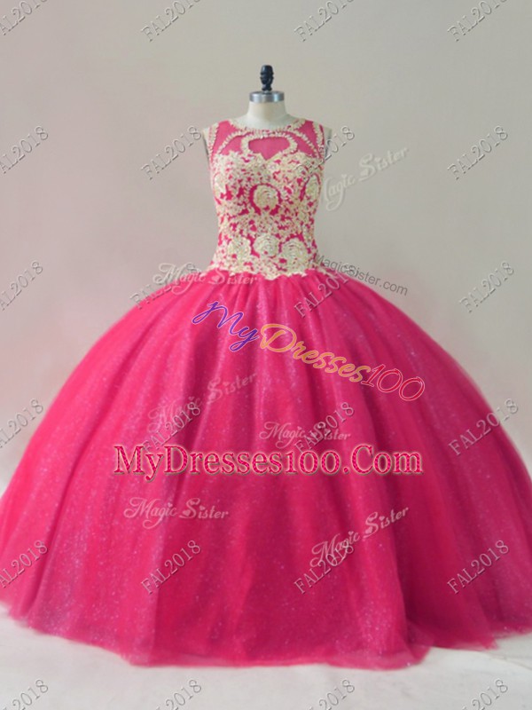 Scoop Sleeveless Lace Up 15th Birthday Dress Hot Pink Tulle
