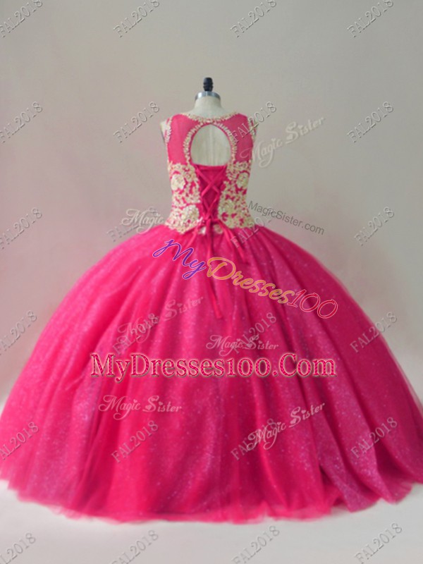 Scoop Sleeveless Lace Up 15th Birthday Dress Hot Pink Tulle