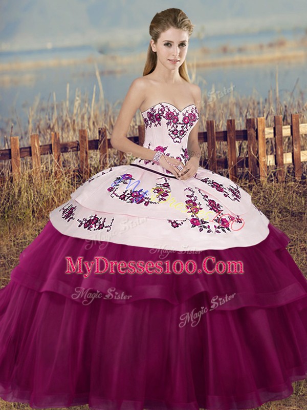 Luxurious Floor Length Fuchsia Sweet 16 Dresses Tulle Sleeveless Embroidery and Bowknot