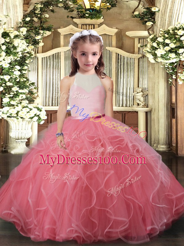 Watermelon Red Ball Gowns Tulle High-neck Sleeveless Ruffles Floor Length Backless Little Girl Pageant Gowns