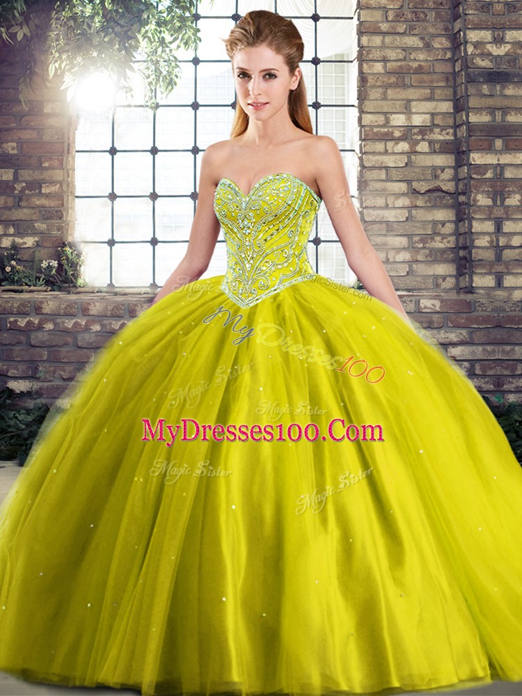 Colorful Lace Up 15 Quinceanera Dress Olive Green for Military Ball and Sweet 16 and Quinceanera with Beading Brush Train