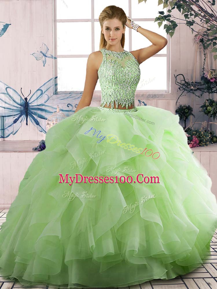 Yellow Green Scoop Lace Up Beading and Ruffles Sweet 16 Dress Sleeveless