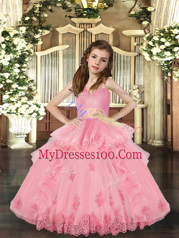 Lace and Appliques Little Girls Pageant Dress Wholesale Baby Pink Lace Up Sleeveless Floor Length
