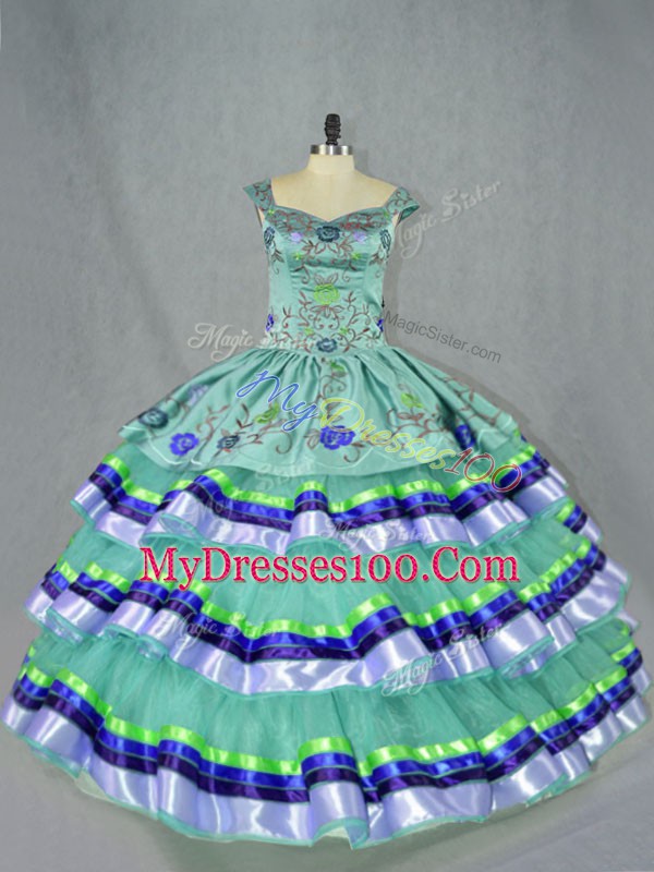 Delicate Apple Green Ball Gowns Embroidery and Ruffled Layers Quinceanera Dress Lace Up Organza Sleeveless Floor Length