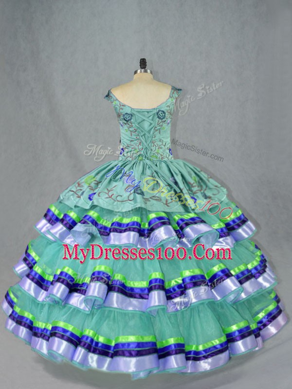 Delicate Apple Green Ball Gowns Embroidery and Ruffled Layers Quinceanera Dress Lace Up Organza Sleeveless Floor Length