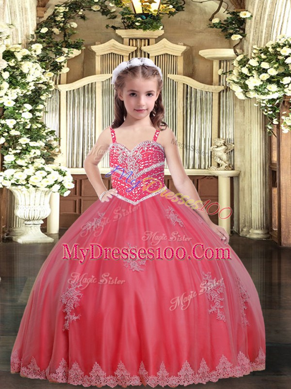 Watermelon Red Sleeveless Beading and Appliques Floor Length Child Pageant Dress