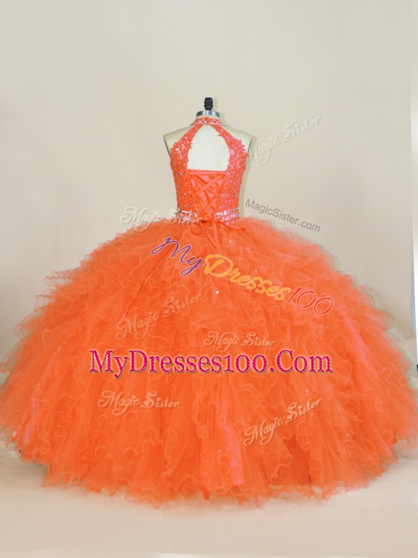 Floor Length Lace Up Sweet 16 Quinceanera Dress Orange for Sweet 16 and Quinceanera with Beading and Ruffles