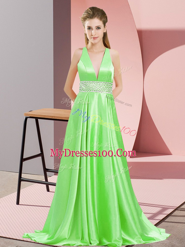Empire V-neck Sleeveless Elastic Woven Satin Brush Train Backless Beading Prom Dress