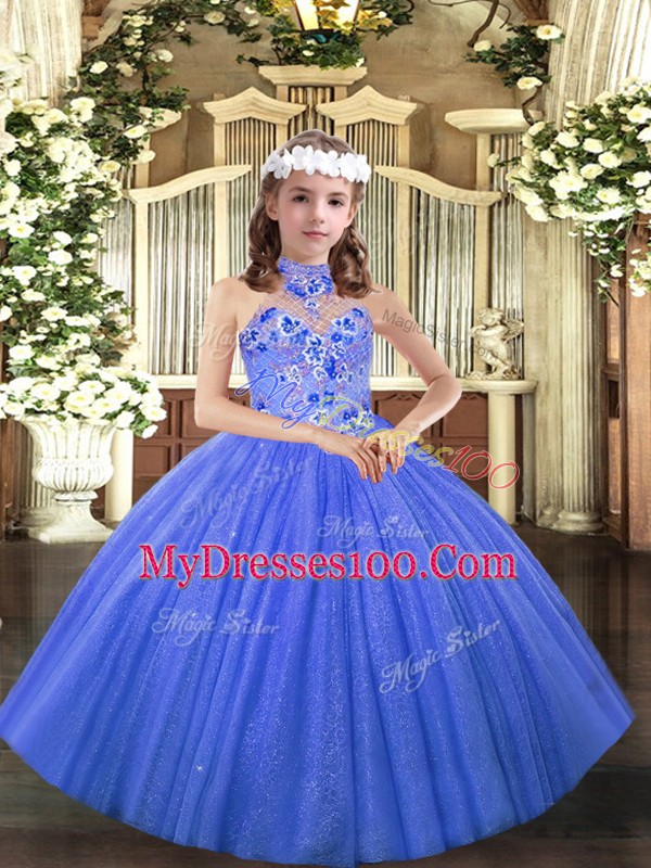 Adorable Blue Tulle Lace Up Halter Top Sleeveless Floor Length Little Girls Pageant Dress Appliques