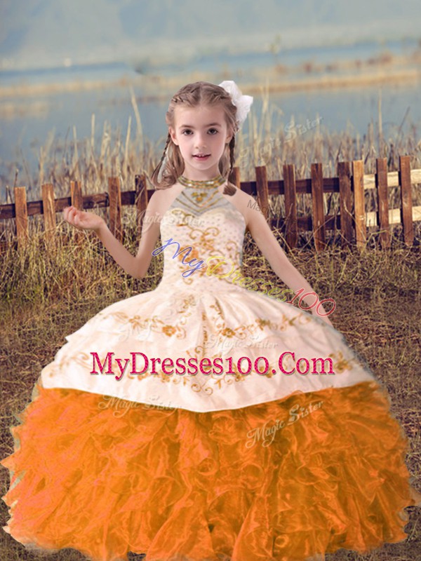 Floor Length Orange Red Little Girl Pageant Dress Halter Top Sleeveless Lace Up