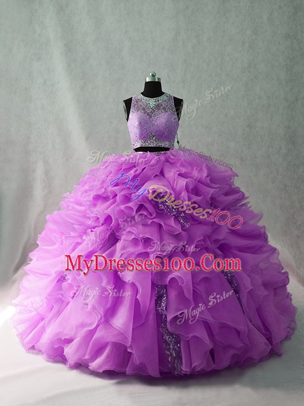 High End Scoop Sleeveless Organza and Sequined Sweet 16 Quinceanera Dress Beading and Ruffles Brush Train Zipper