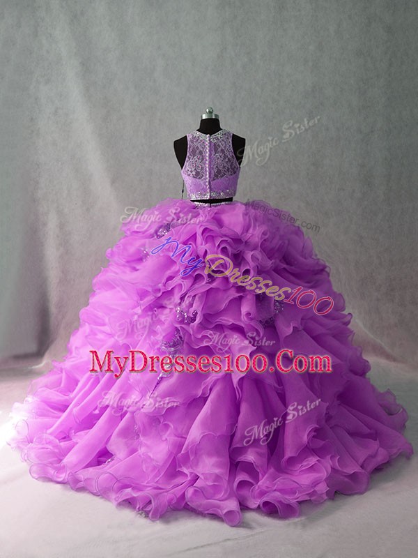 High End Scoop Sleeveless Organza and Sequined Sweet 16 Quinceanera Dress Beading and Ruffles Brush Train Zipper