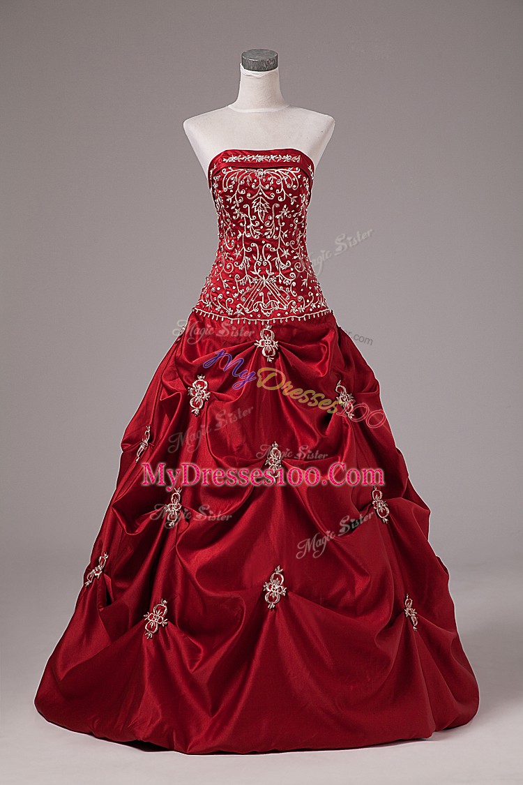 Latest Wine Red Lace Up Strapless Embroidery and Pick Ups Quinceanera Gowns Taffeta Sleeveless