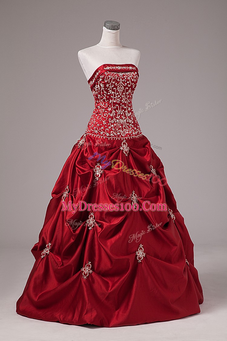 Latest Wine Red Lace Up Strapless Embroidery and Pick Ups Quinceanera Gowns Taffeta Sleeveless
