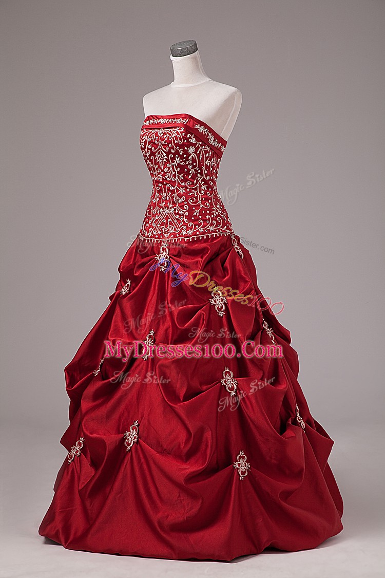 Latest Wine Red Lace Up Strapless Embroidery and Pick Ups Quinceanera Gowns Taffeta Sleeveless
