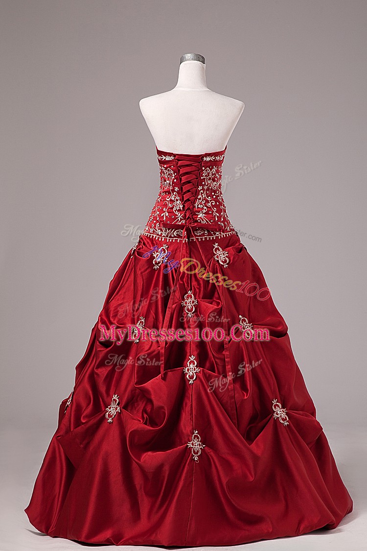 Latest Wine Red Lace Up Strapless Embroidery and Pick Ups Quinceanera Gowns Taffeta Sleeveless