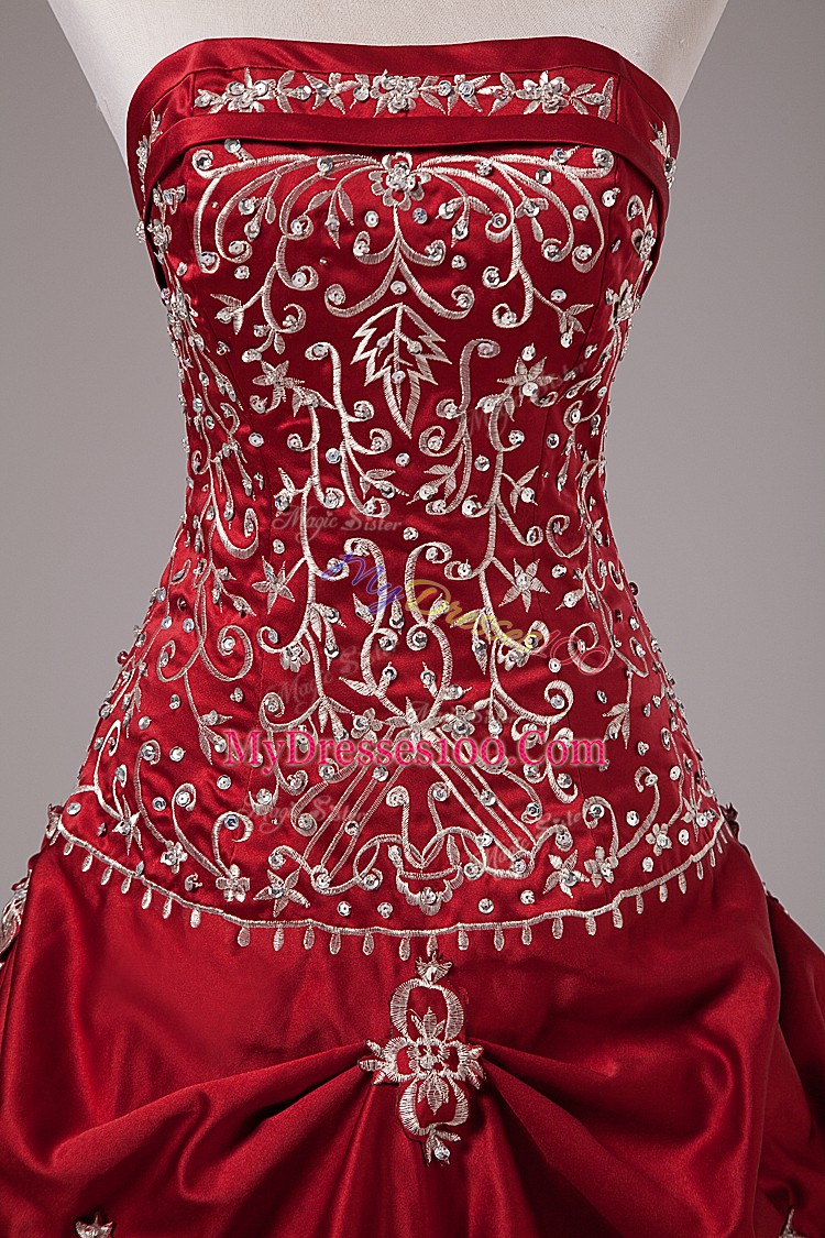 Latest Wine Red Lace Up Strapless Embroidery and Pick Ups Quinceanera Gowns Taffeta Sleeveless