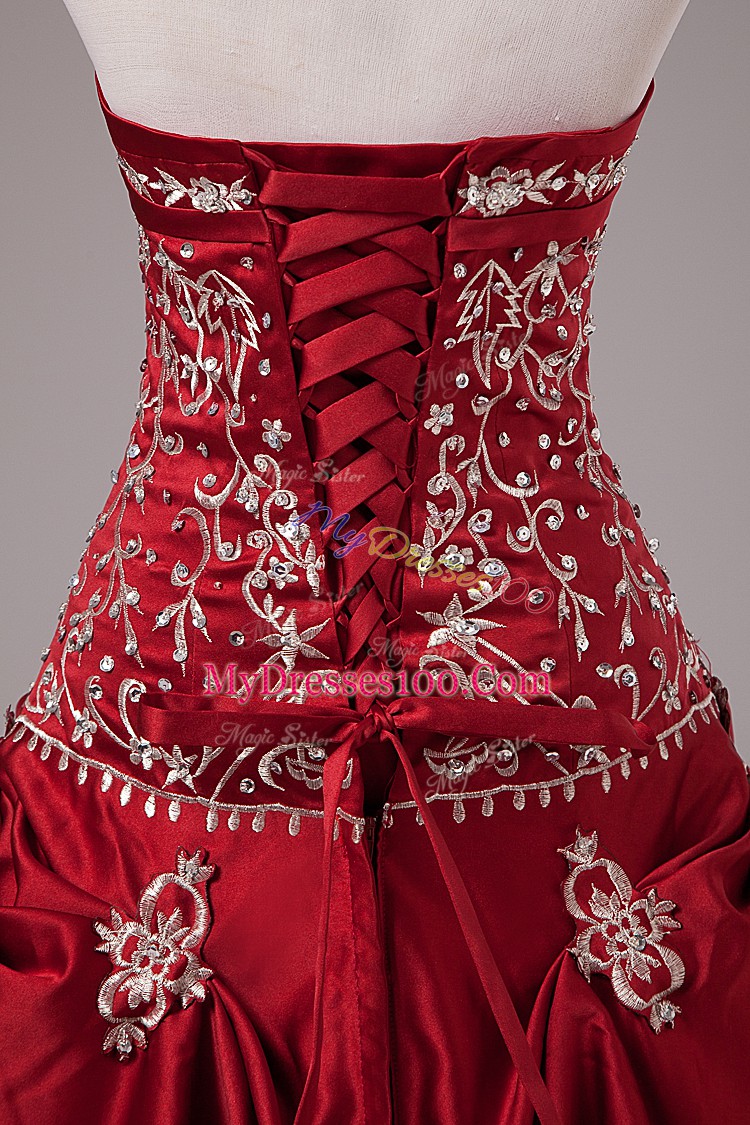 Latest Wine Red Lace Up Strapless Embroidery and Pick Ups Quinceanera Gowns Taffeta Sleeveless