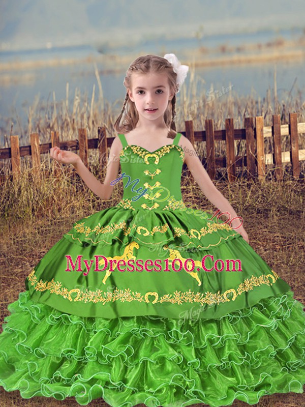 Unique Floor Length Child Pageant Dress Straps Sleeveless Lace Up
