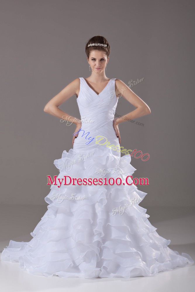 Stunning White Wedding Gown Wedding Party with Ruffled Layers V-neck Sleeveless Brush Train Lace Up