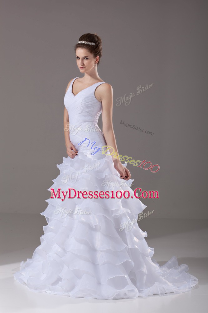 Stunning White Wedding Gown Wedding Party with Ruffled Layers V-neck Sleeveless Brush Train Lace Up