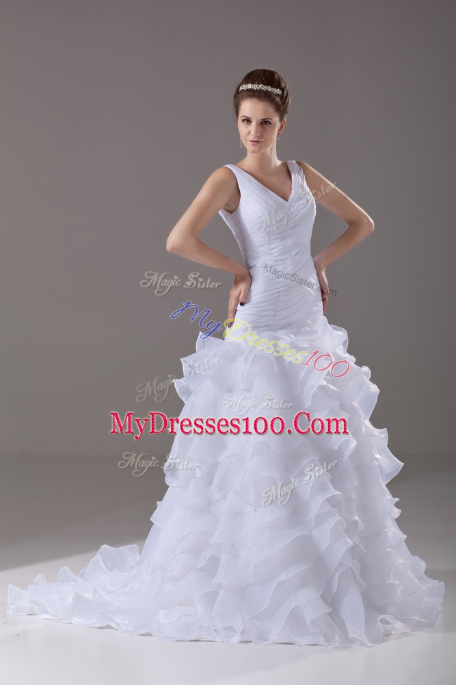 Stunning White Wedding Gown Wedding Party with Ruffled Layers V-neck Sleeveless Brush Train Lace Up
