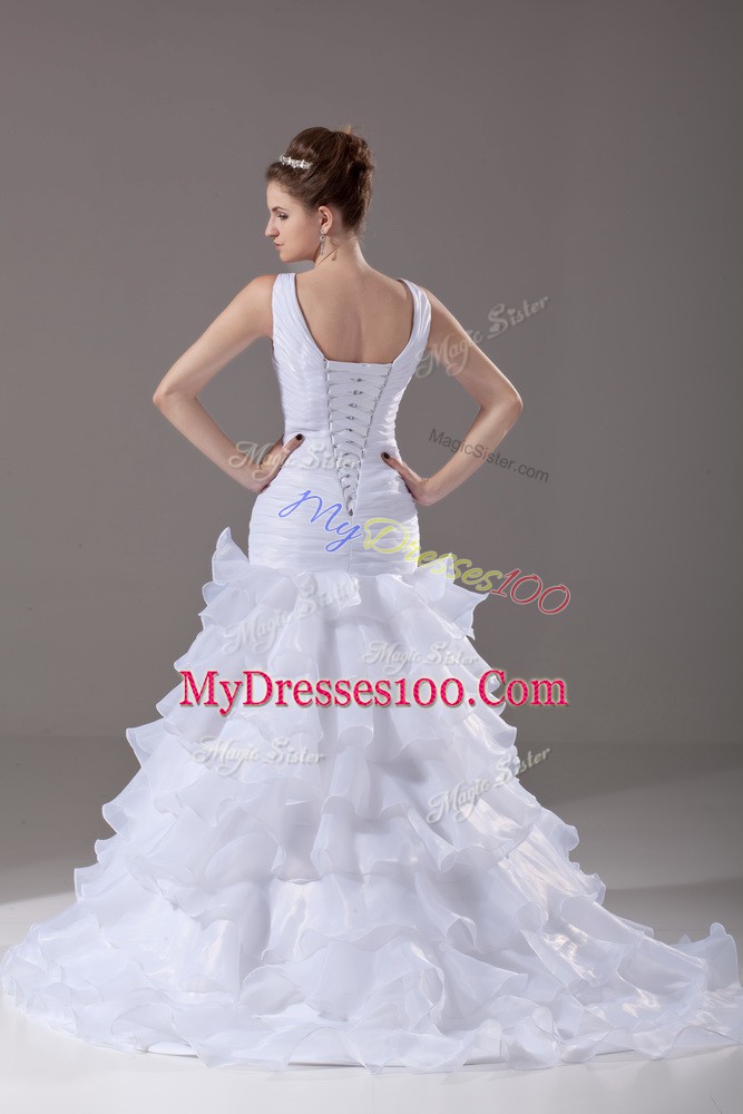 Stunning White Wedding Gown Wedding Party with Ruffled Layers V-neck Sleeveless Brush Train Lace Up