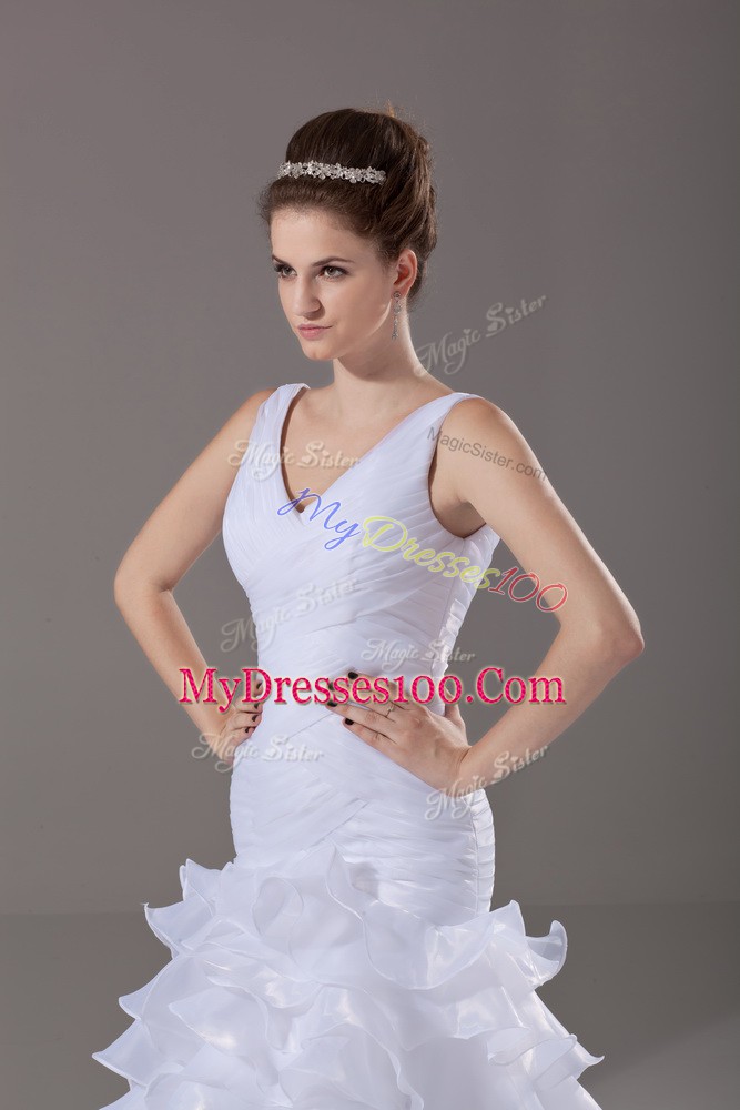 Stunning White Wedding Gown Wedding Party with Ruffled Layers V-neck Sleeveless Brush Train Lace Up