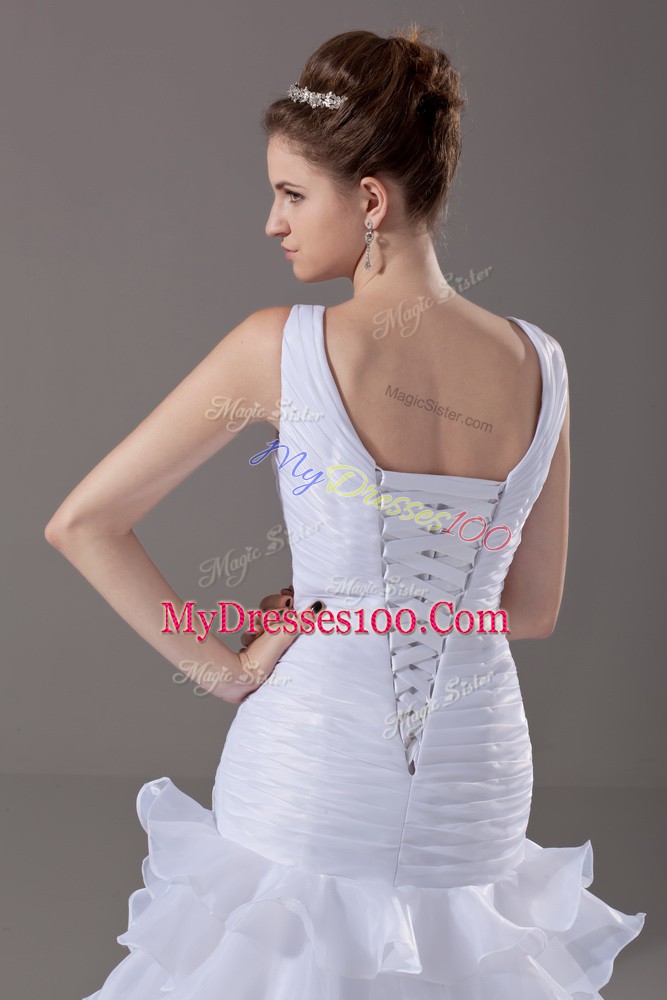Stunning White Wedding Gown Wedding Party with Ruffled Layers V-neck Sleeveless Brush Train Lace Up