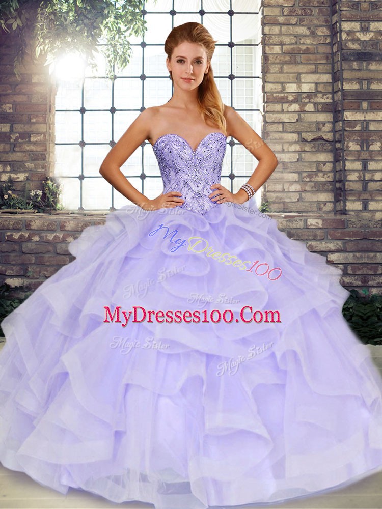 Lavender Sleeveless Tulle Lace Up Sweet 16 Dresses for Military Ball and Sweet 16 and Quinceanera