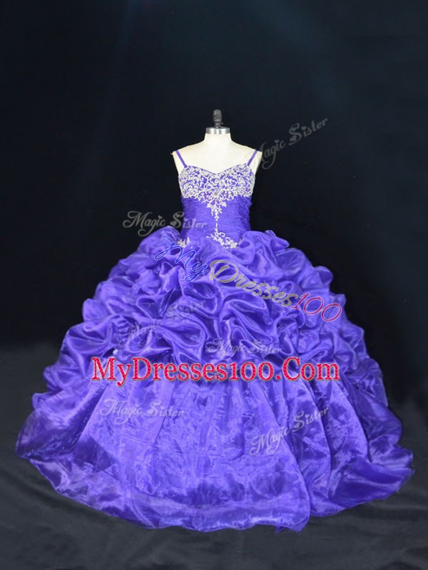 Fine Organza Straps Sleeveless Brush Train Lace Up Beading and Pick Ups Sweet 16 Dress in Purple
