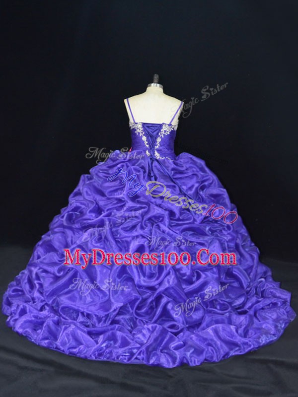 Fine Organza Straps Sleeveless Brush Train Lace Up Beading and Pick Ups Sweet 16 Dress in Purple