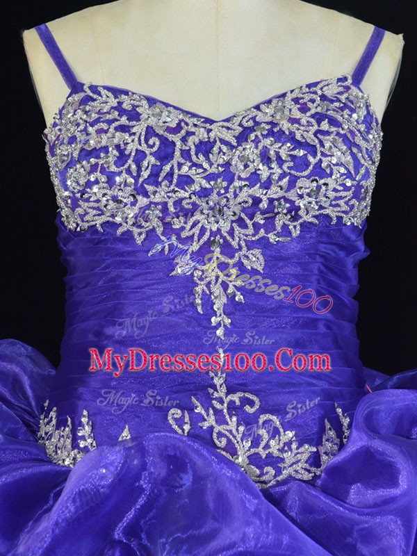 Fine Organza Straps Sleeveless Brush Train Lace Up Beading and Pick Ups Sweet 16 Dress in Purple